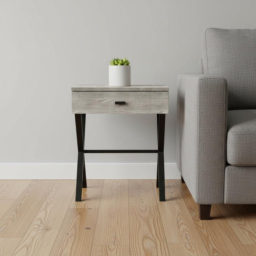 22" Black And Gray Wood And Metal End Table With Drawer