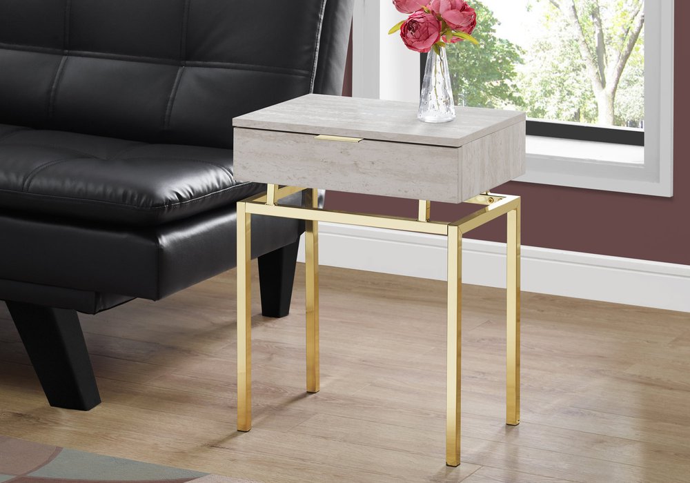 23" Gold And Beige Wood And Metal End Table With Drawer