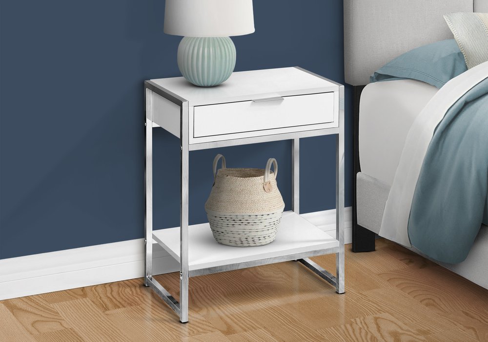 24" Silver And White Wood And Metal End Table With Drawer And Shelf