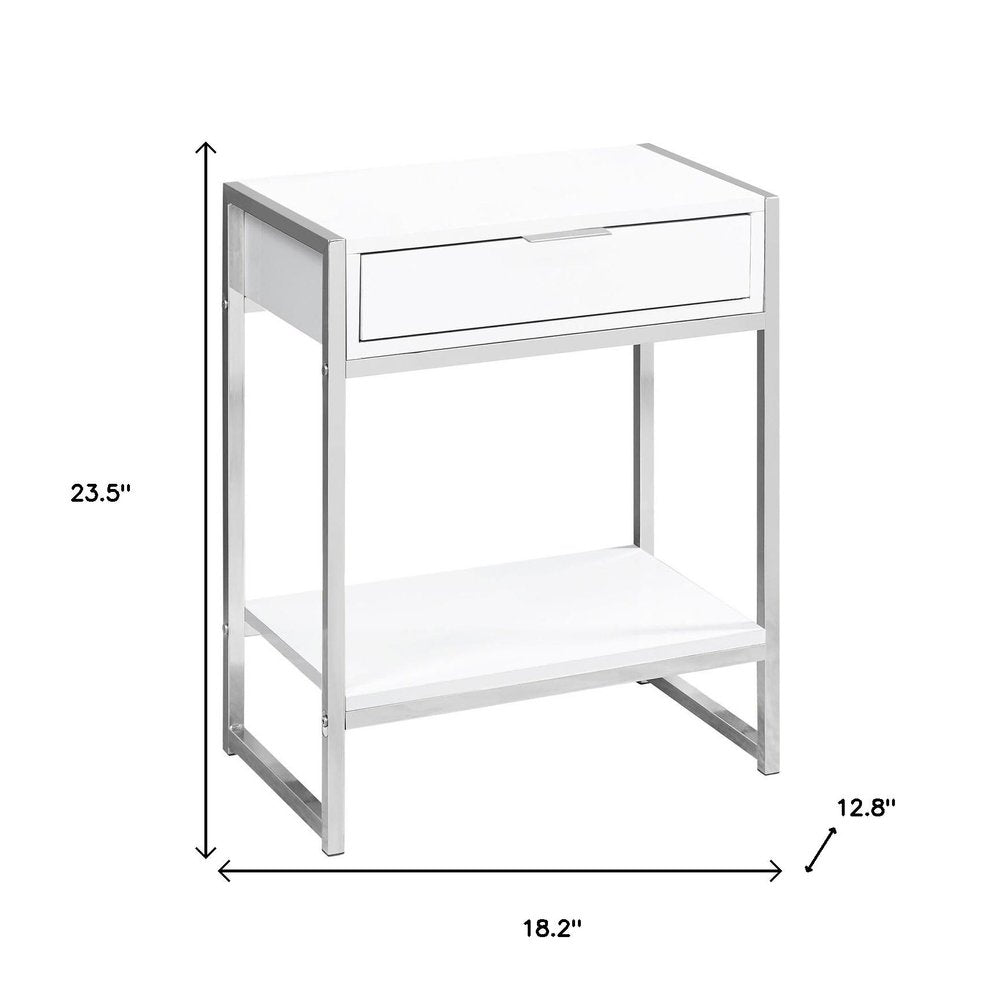 24" Silver And White Wood And Metal End Table With Drawer And Shelf