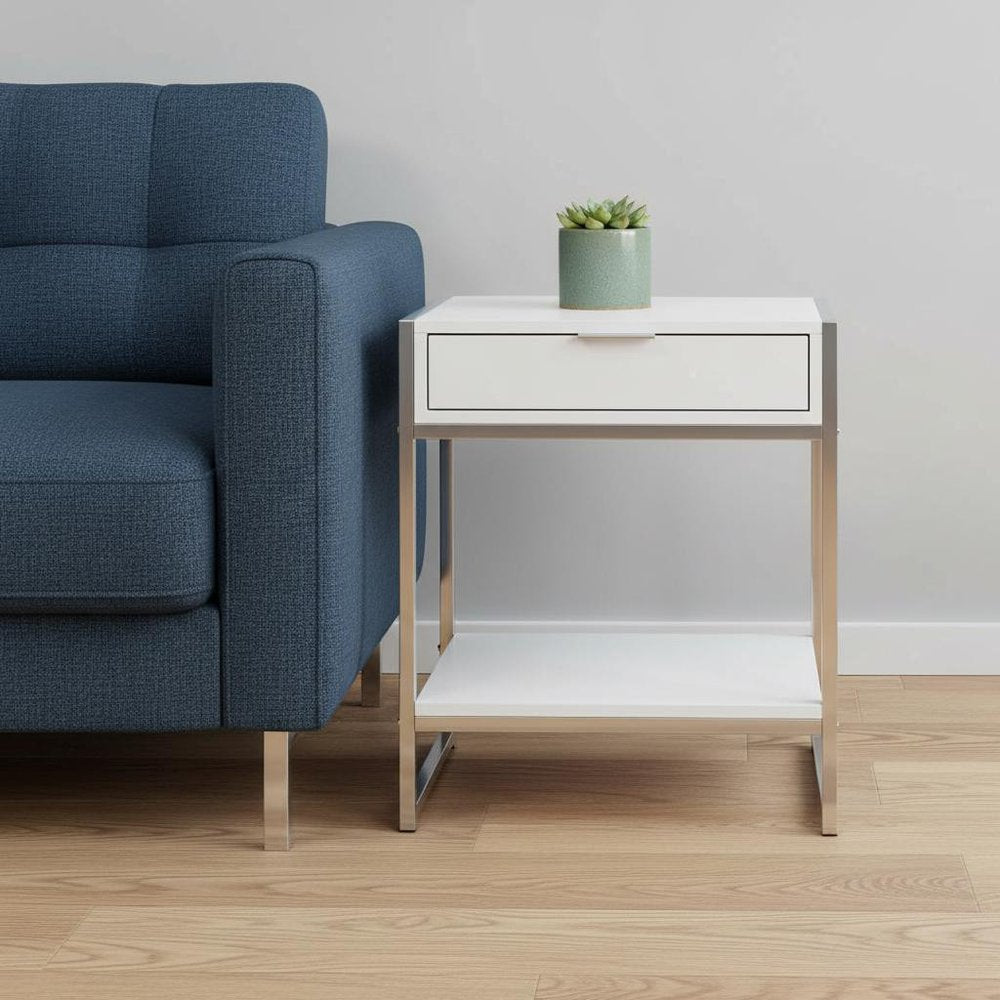 24" Silver And White Wood And Metal End Table With Drawer And Shelf