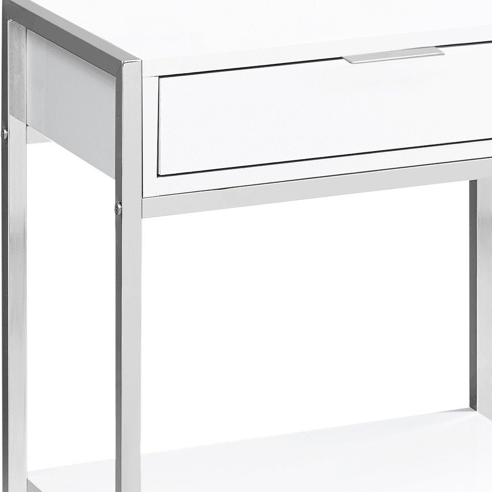 24" Silver And White Wood And Metal End Table With Drawer And Shelf