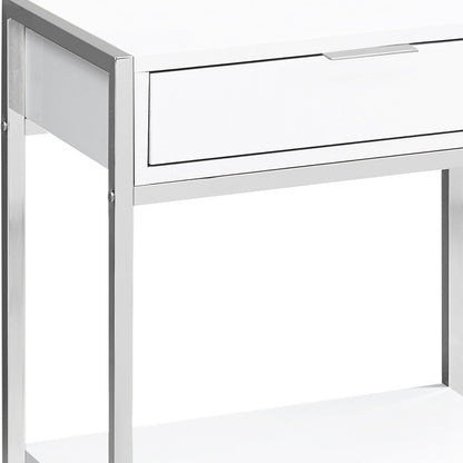 24" Silver And White Wood And Metal End Table With Drawer And Shelf
