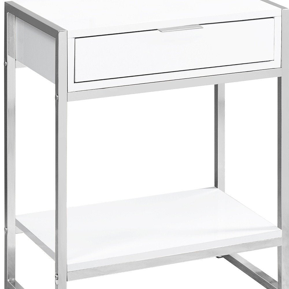 24" Silver And White Wood And Metal End Table With Drawer And Shelf