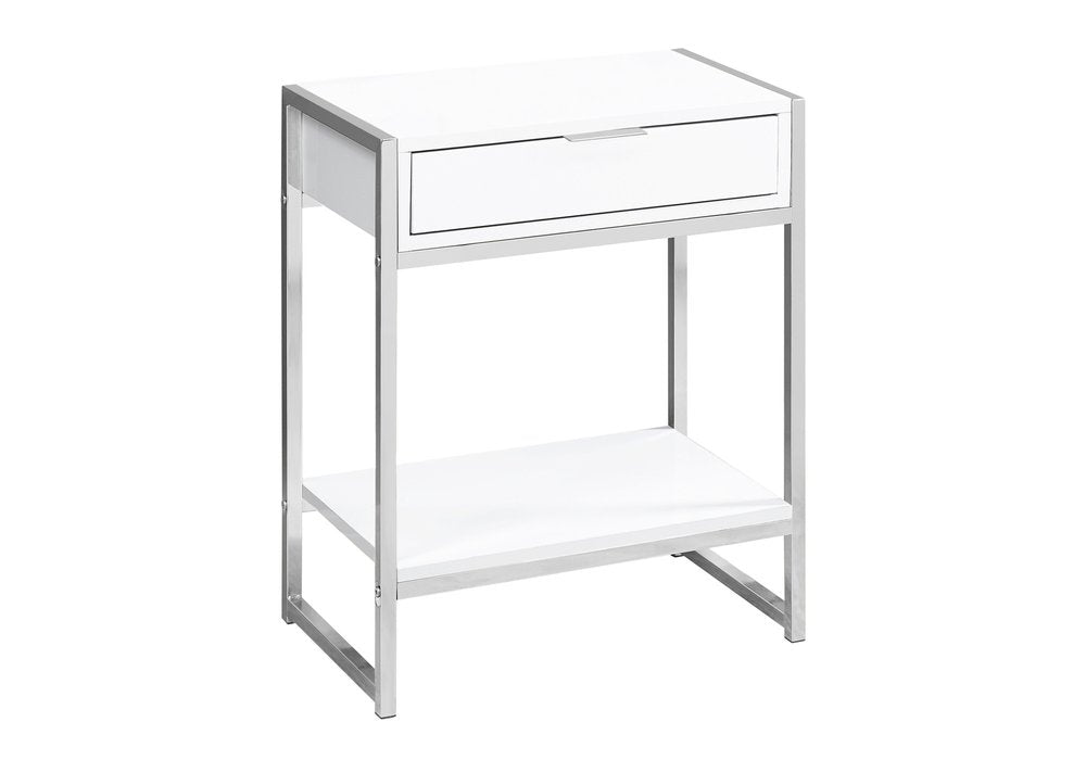24" Silver And White Wood And Metal End Table With Drawer And Shelf