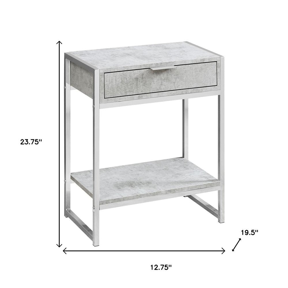 24" Silver And White Wood And Metal End Table With Drawer And Shelf