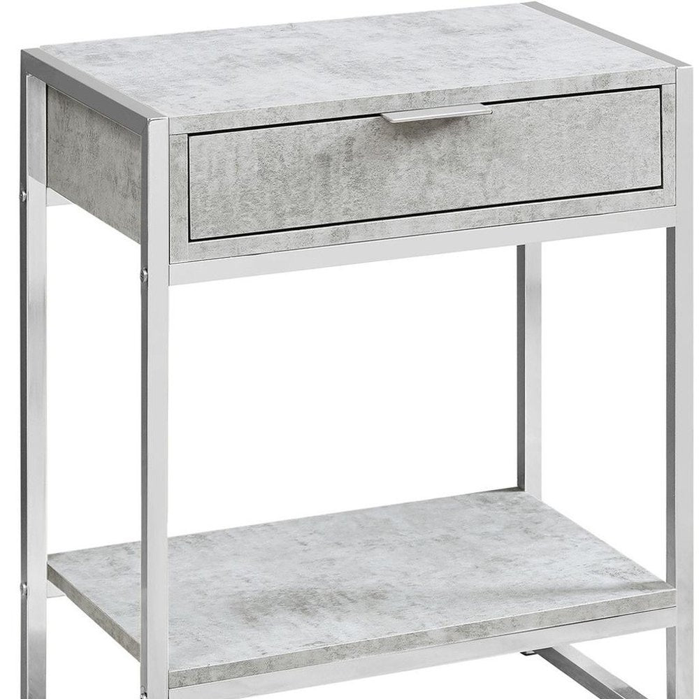 24" Silver And White Wood And Metal End Table With Drawer And Shelf