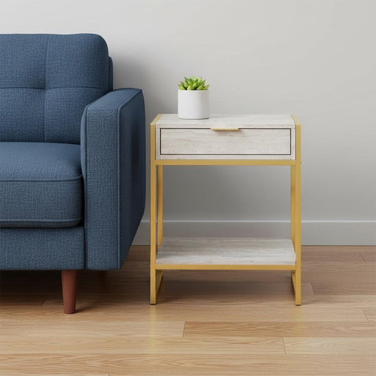 24" Silver And White Wood And Metal End Table With Drawer And Shelf