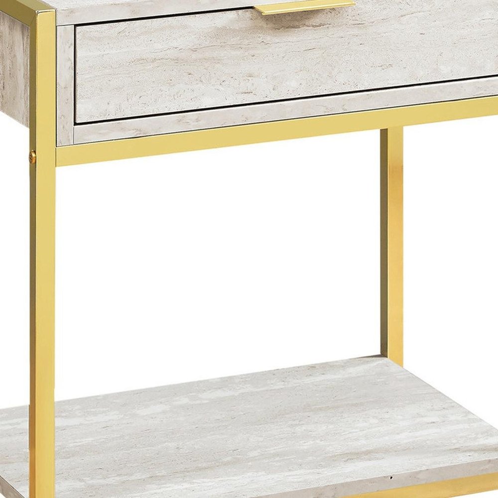 24" Silver And White Wood And Metal End Table With Drawer And Shelf