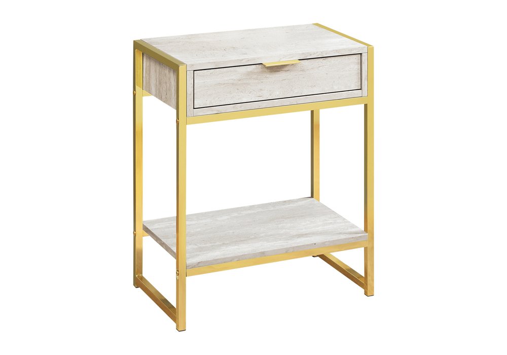24" Silver And White Wood And Metal End Table With Drawer And Shelf