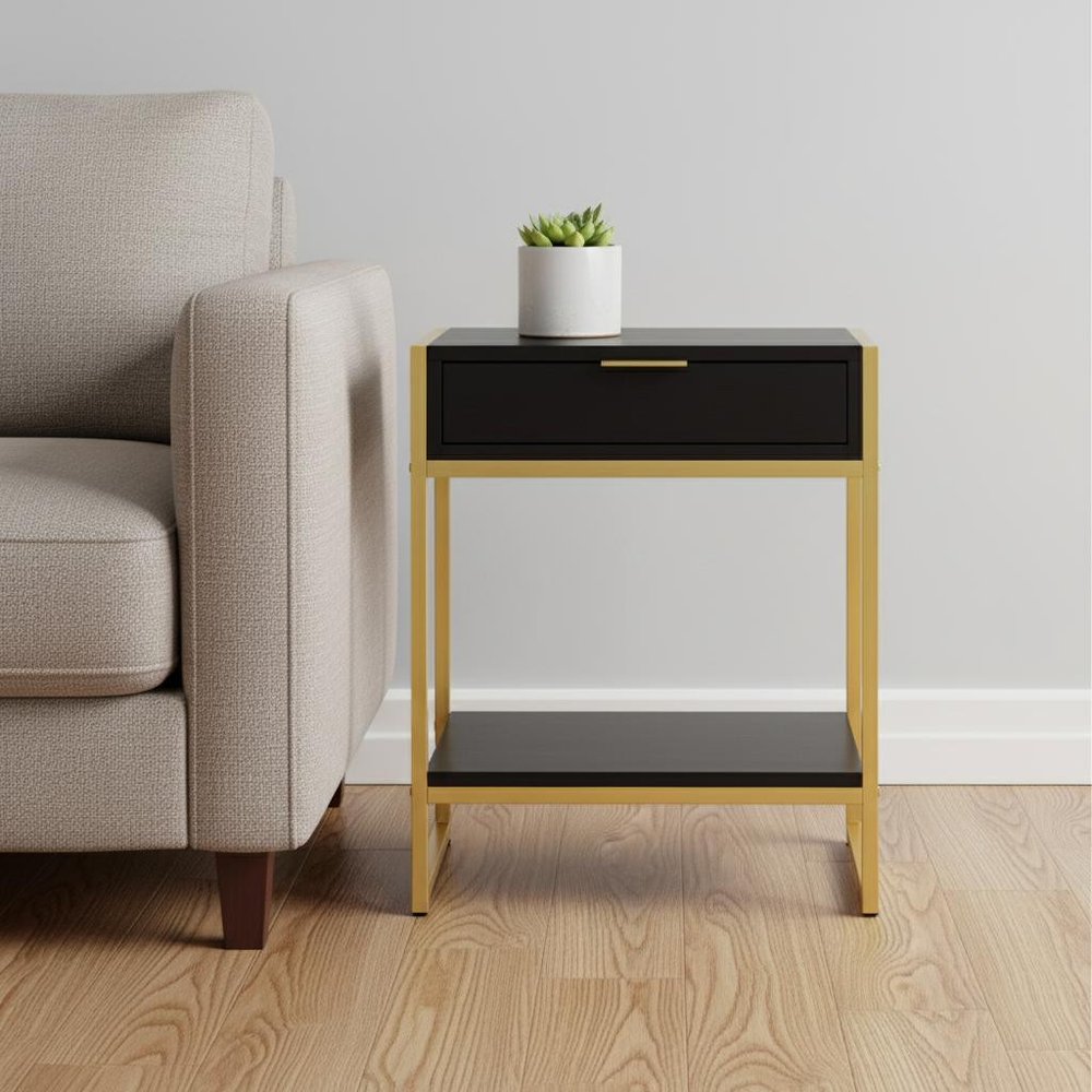 24" Silver And White Wood And Metal End Table With Drawer And Shelf