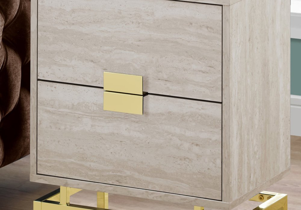 24" Gold And Beige End Table With Two Drawers
