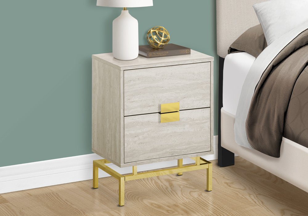 24" Gold And Beige End Table With Two Drawers