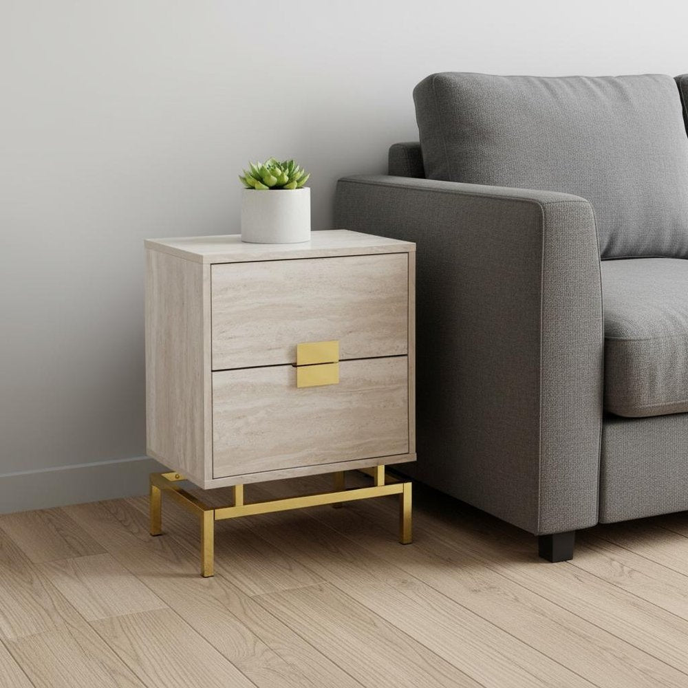 24" Gold And Beige End Table With Two Drawers