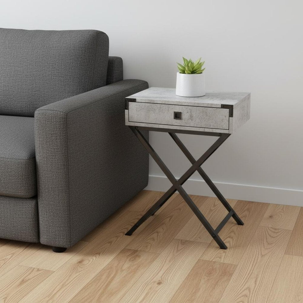 24" Black And Gray Wood And Metal End Table With Drawer