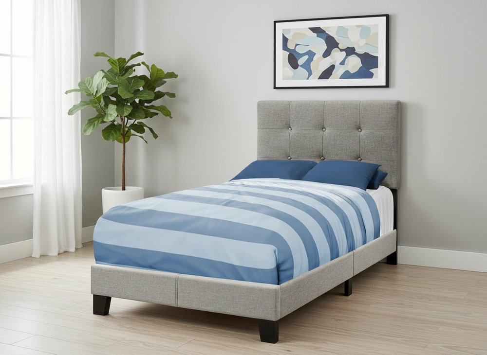 Beige Twin Tufted Upholstered Linen Bed Frame with Nailhead Trim