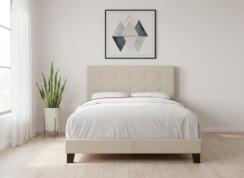 Gray Solid and Manufactured Wood Full Upholstered Linen Bed Frame