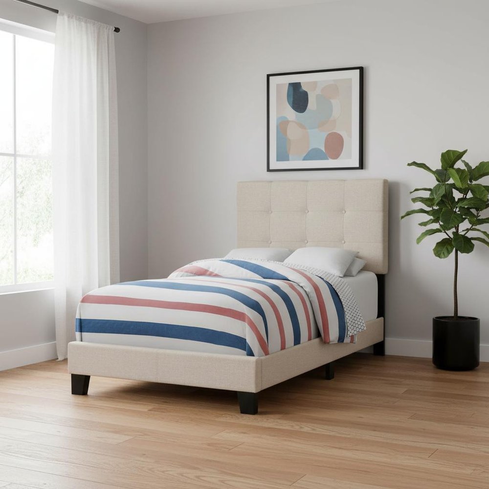 Gray Twin Tufted Upholstered Linen Bed Frame with Nailhead Trim