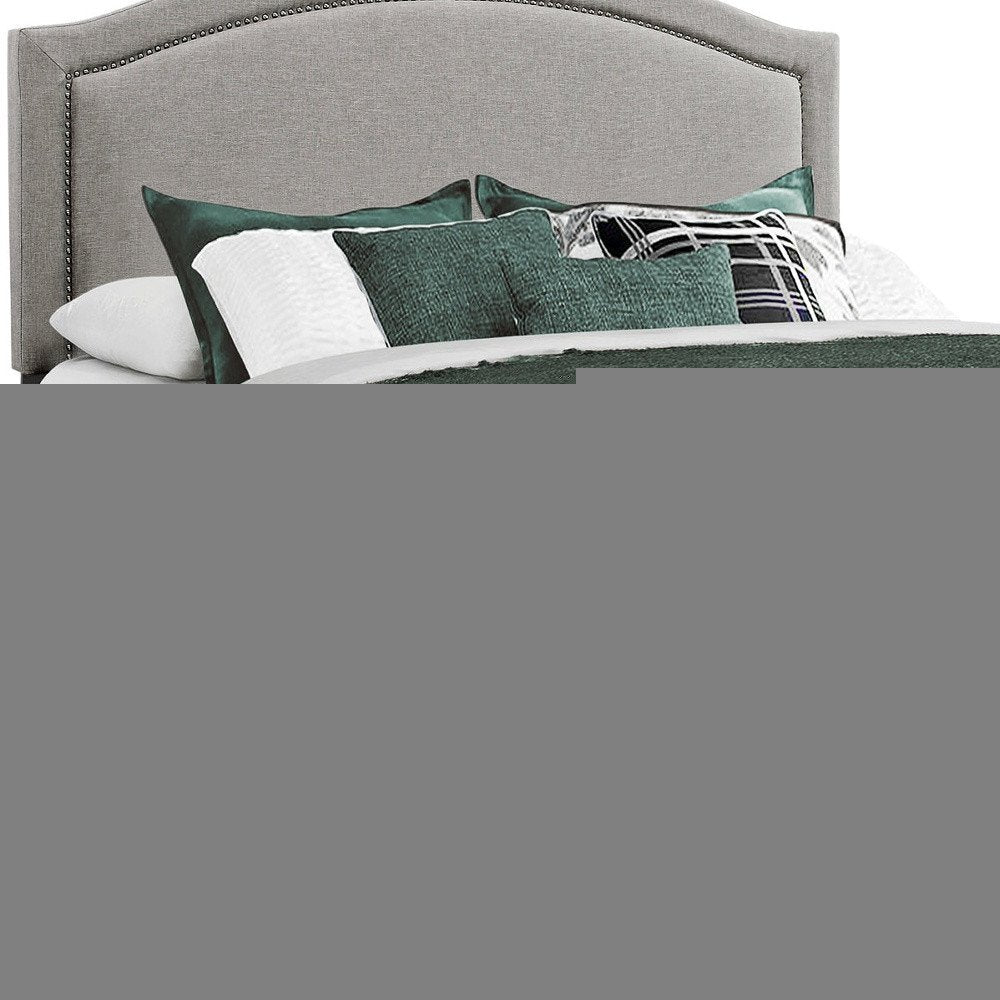 Gray Solid Wood Queen Upholstered Linen Bed Frame with Nailhead Trim