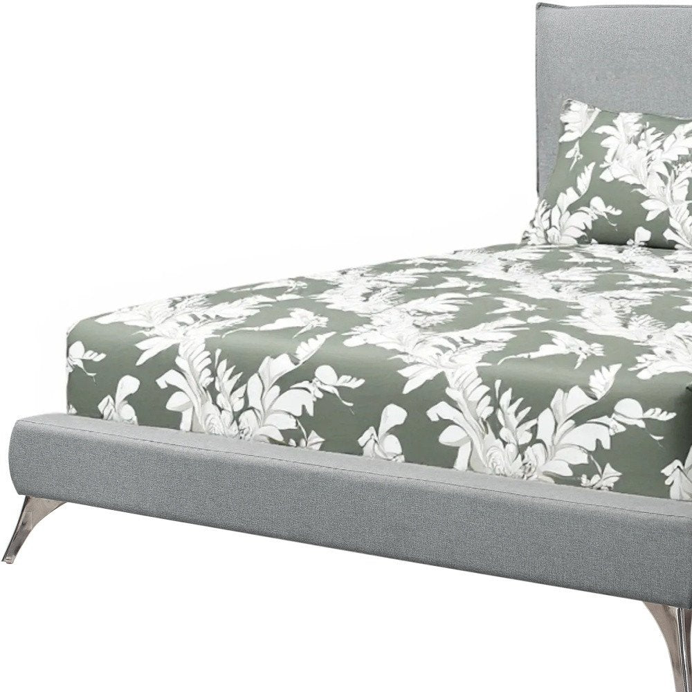 Gray Solid Wood Queen Upholstered Linen Bed Frame with Nailhead Trim