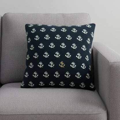 20" Blue and Off White Reversible Nautical Anchor Cotton Throw Pillow