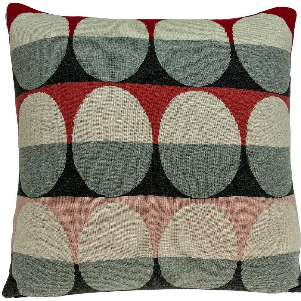 20" Gray Ivory And Red Geometric Cotton Throw Pillow