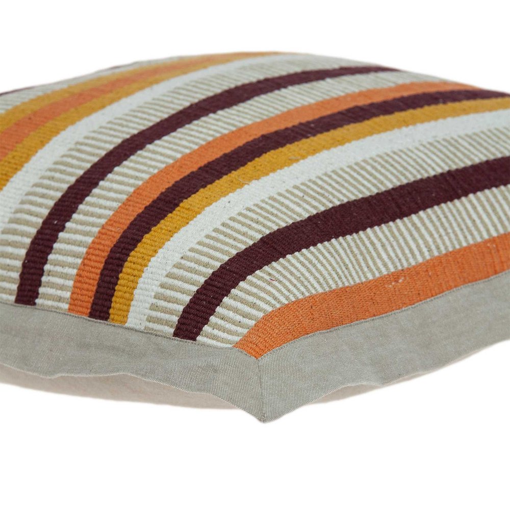 20" Beige Brown And Orange Striped Cotton Blend Throw Pillow