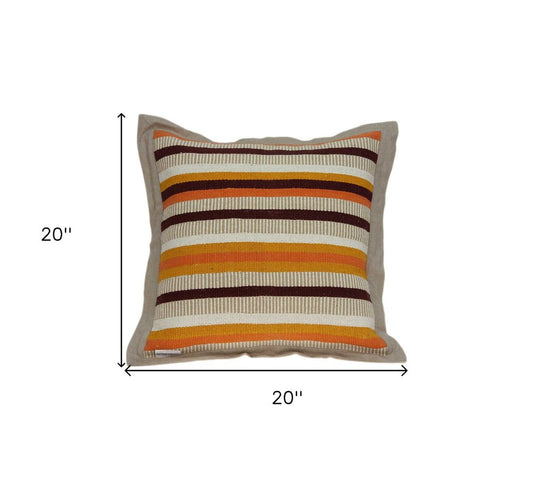 20" Beige Brown And Orange Striped Cotton Blend Throw Pillow