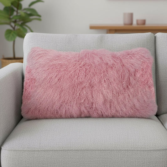 15" X 25" Pink Lambswool Down Lumbar Throw Pillow
