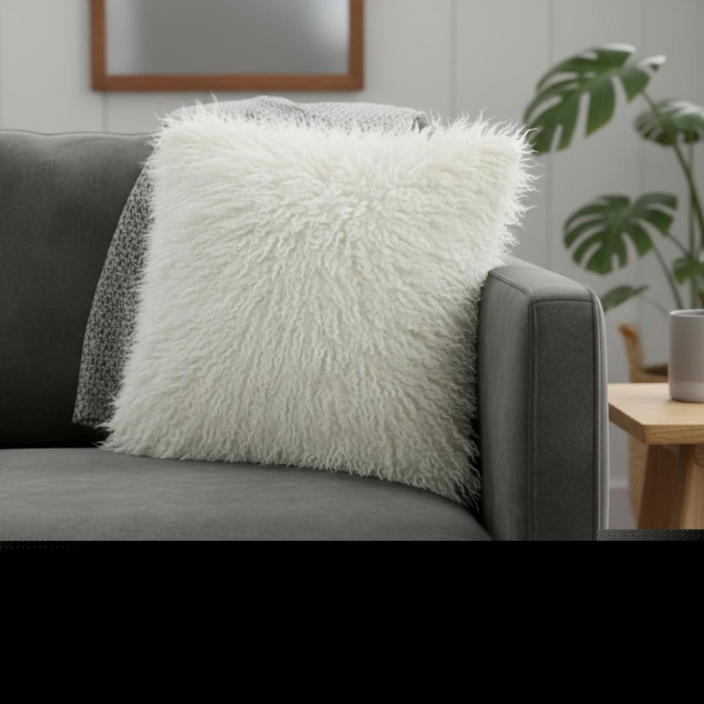 20" Creamy White Genuine Tibetan Lamb Fur Pillow With Microsuede Backing