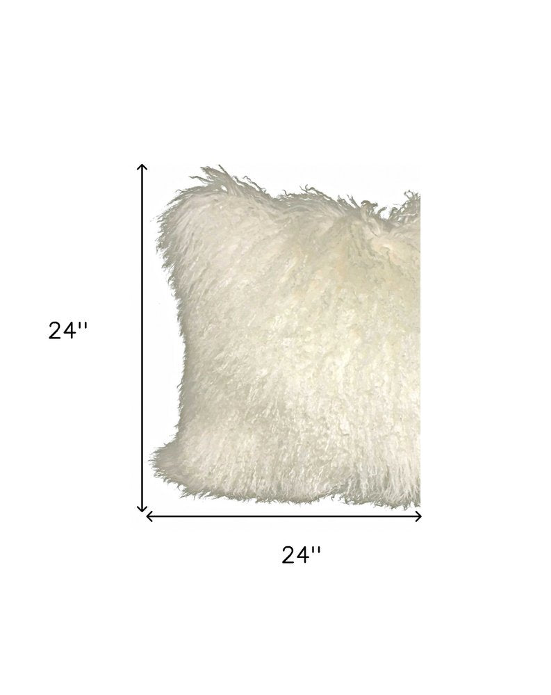 24" Creamy Genuine Tibetan Lamb Fur Pillow With Microsuede Backing