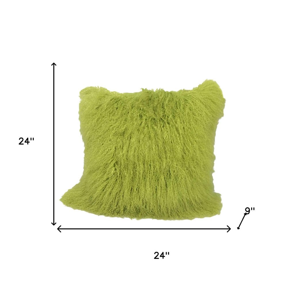 24" Lime Green Genuine Tibetan Lamb Fur Pillow With Microsuede Backing