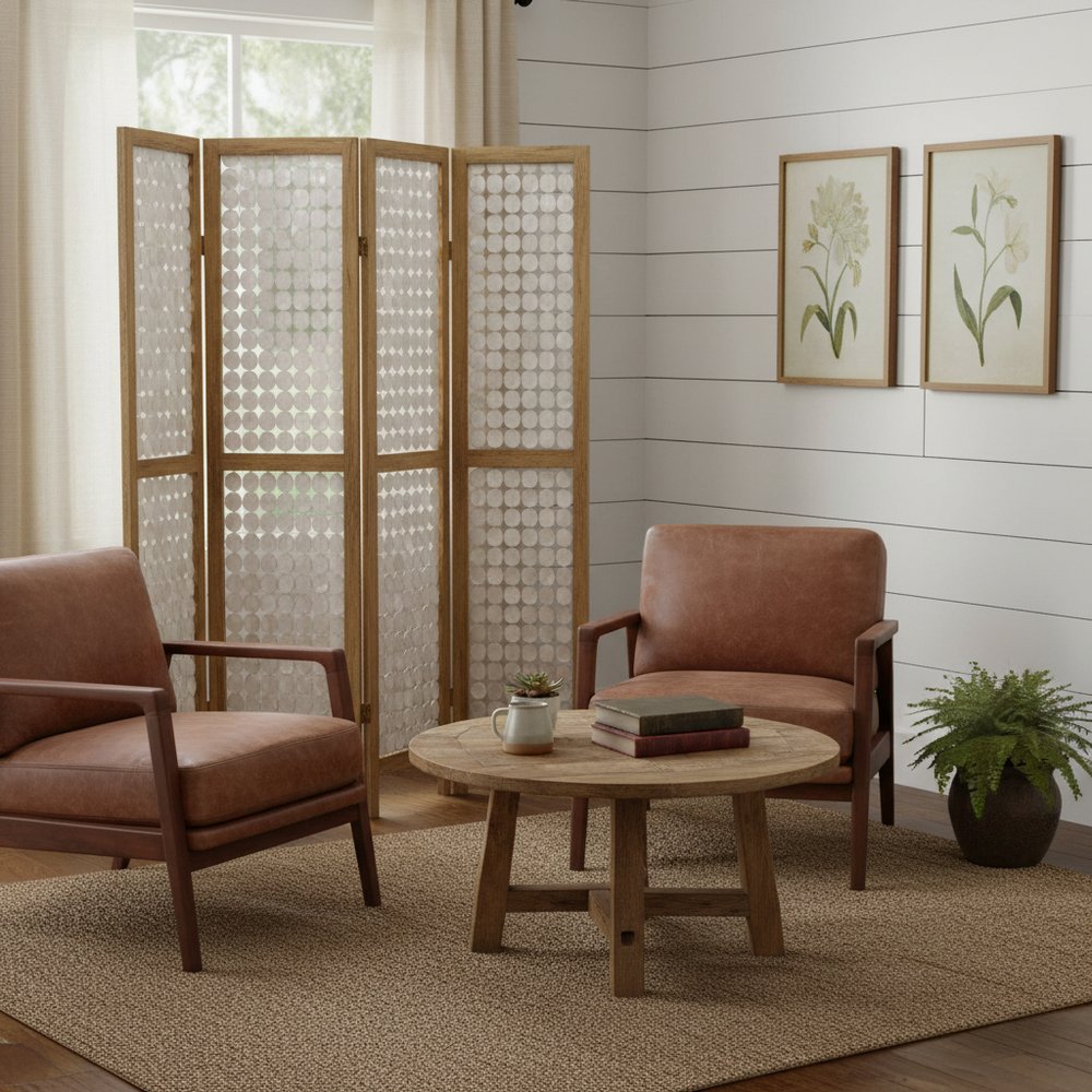 84" Clear Capiz Mother of Pearl Folding Three Panel Screen Room Divider