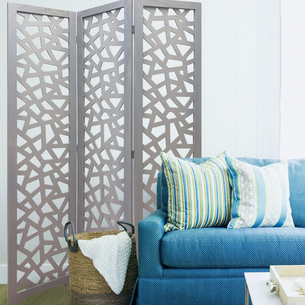 50" Gray Solid Wood Folding Three Panel Screen Room Divider