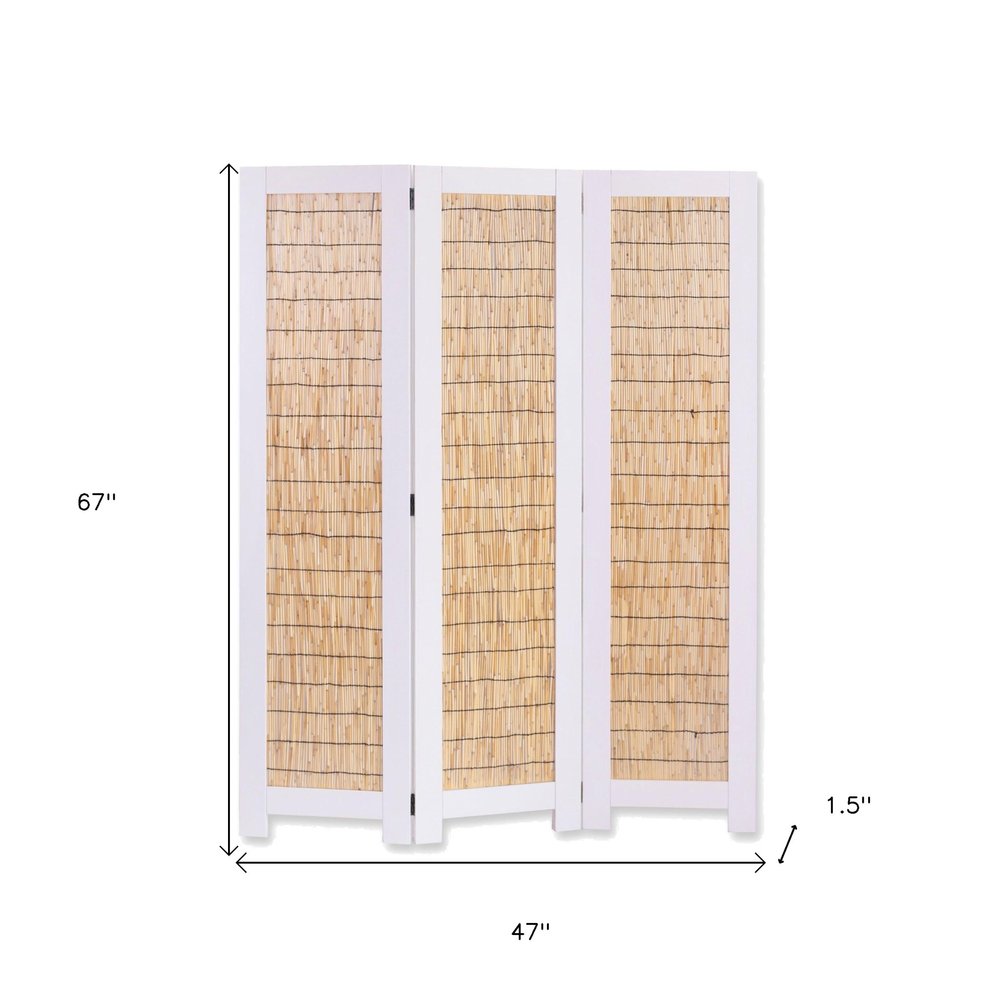67" White and Natural Manufactured Wood Folding Three Panel Screen Room Divider