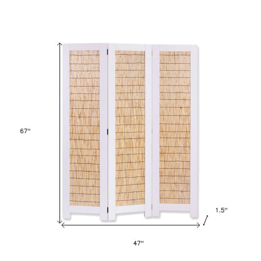 67" Natural And White Wood Folding Three Panel Screen Room Divider