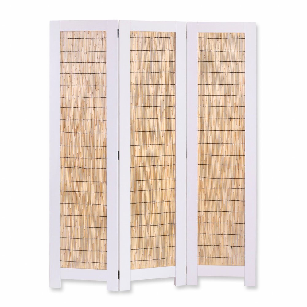 67" Natural And White Wood Folding Three Panel Screen Room Divider