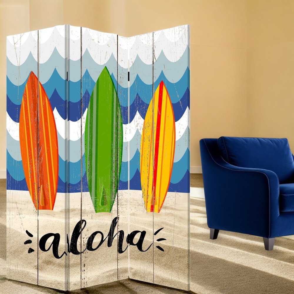 72" Blue and White Canvas Folding Three Panel Screen Room Divider