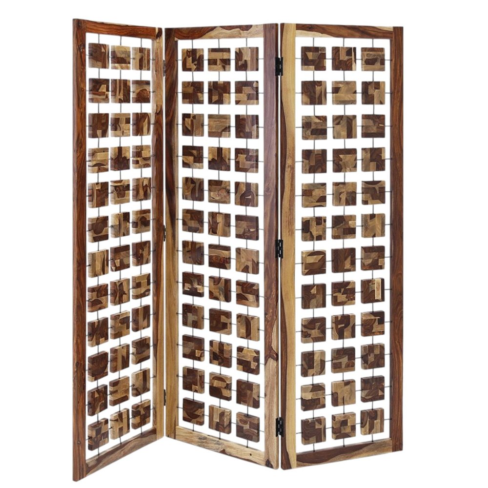 72" Brown Solid Wood Folding Three Panel Screen Room Divider