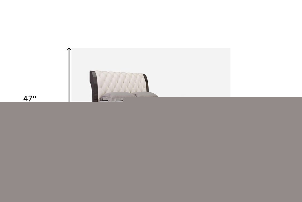 Solid Wood Queen Tufted Beige Upholstered Faux Leather Bed With Nailhead Trim