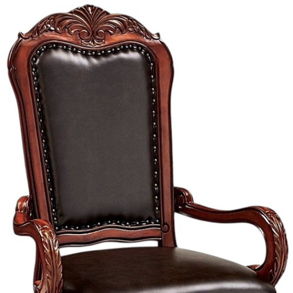 Set of Two Brown Upholstered Faux Leather Queen Anne Back Dining Arm Chairs