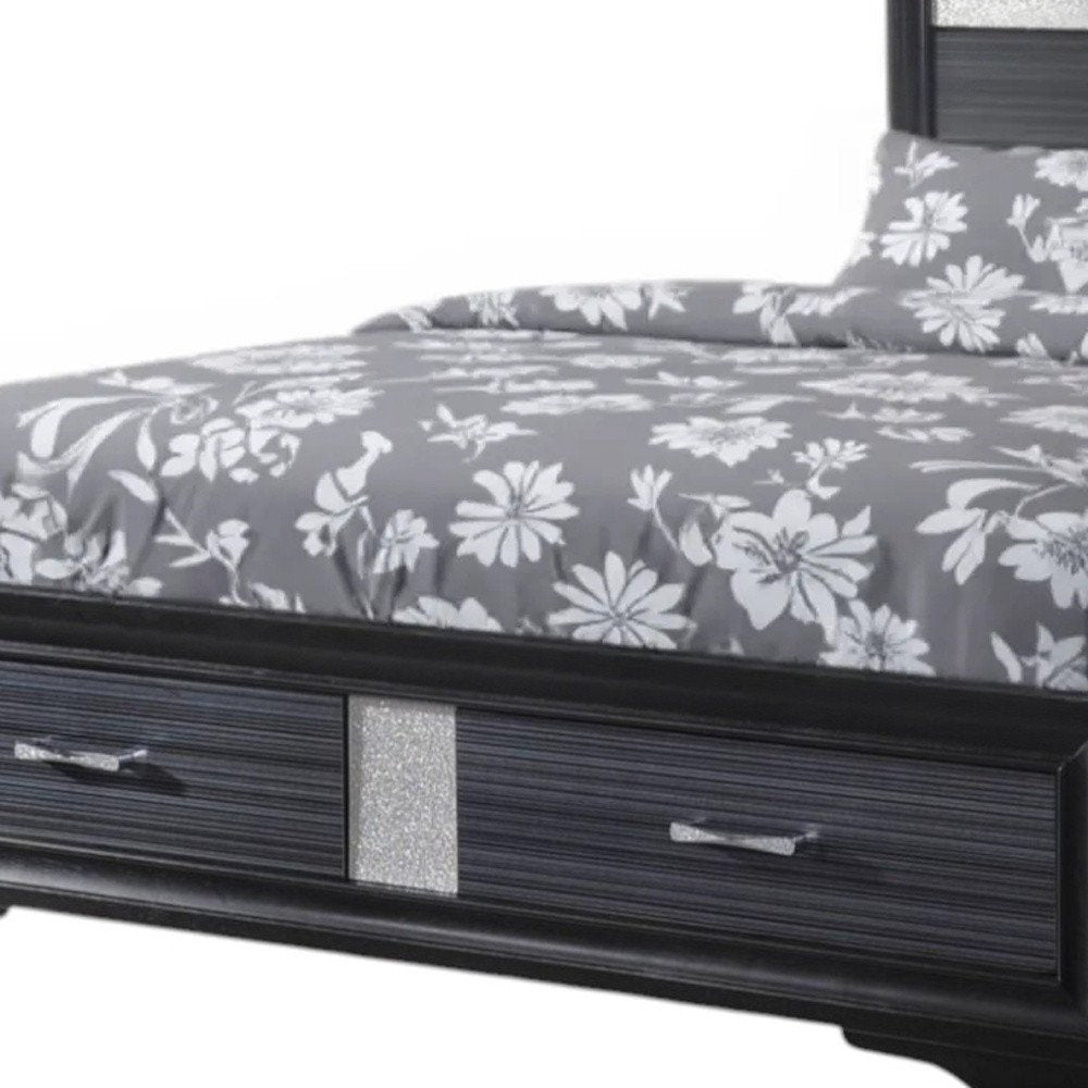 Black Gray and Silver Faux Crystal Bling Wood King Bed Frame With Two Drawers