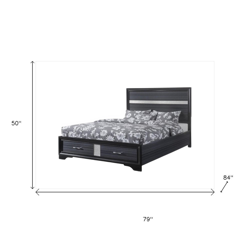 Black Gray and Silver Faux Crystal Bling Wood King Bed Frame With Two Drawers