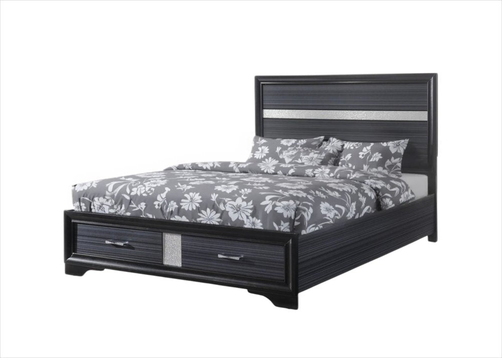 Black Gray and Silver Faux Crystal Bling Wood King Bed Frame With Two Drawers