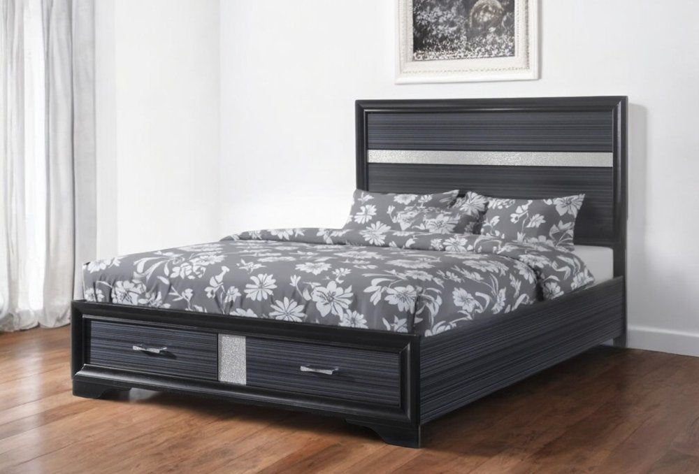 Black Gray and Silver Faux Crystal Bling Wood King Bed Frame With Two Drawers