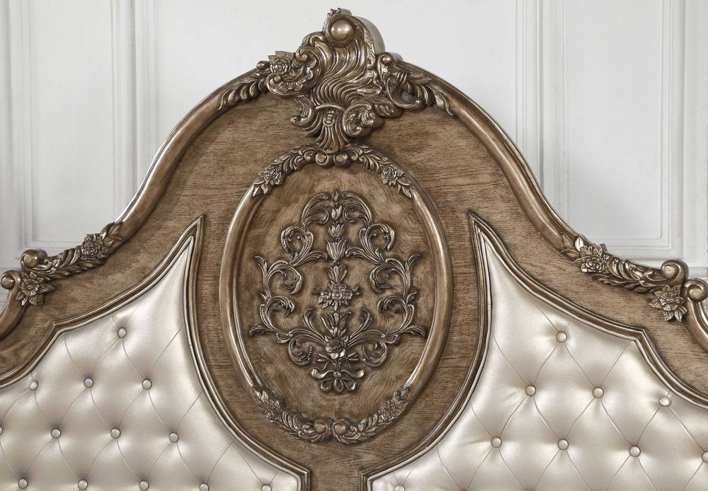 Oak and Bronze Solid Wood Tufted Upholstered Faux Leather Bed Frame