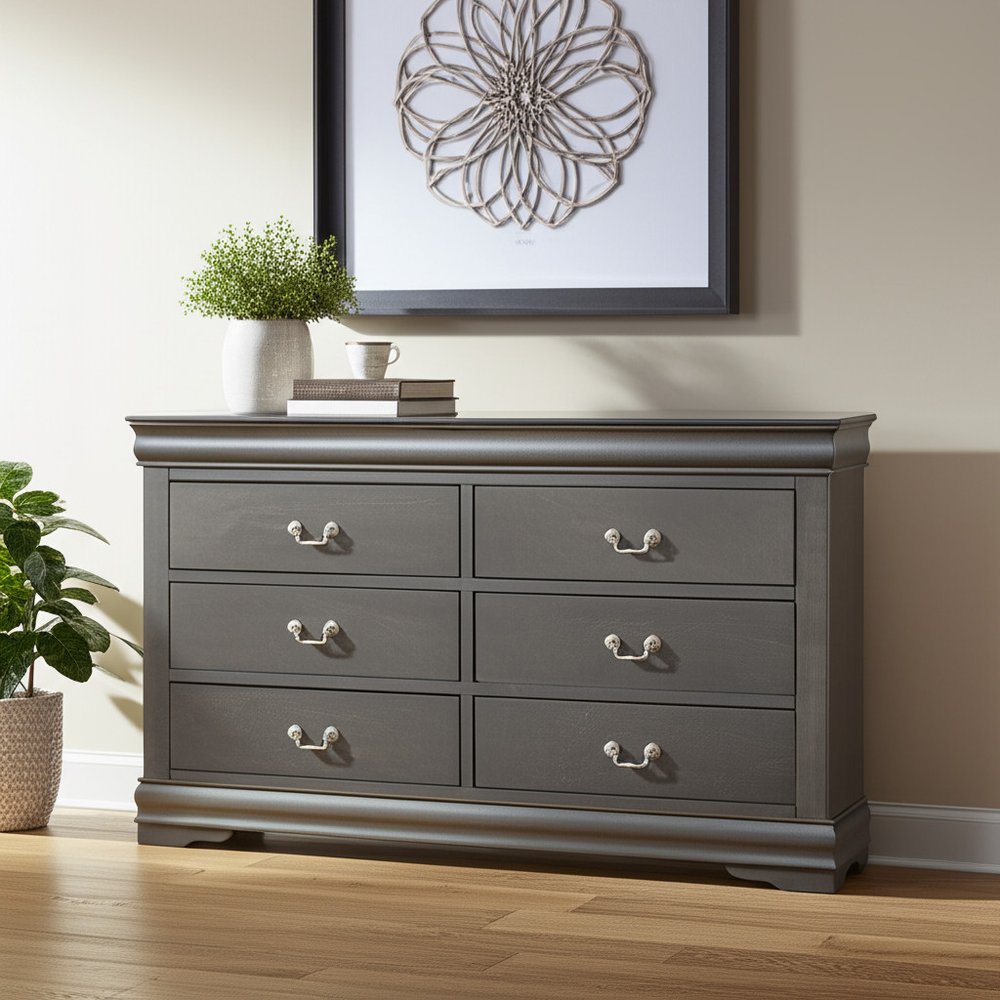 15" Gray Solid Wood Double Dresser