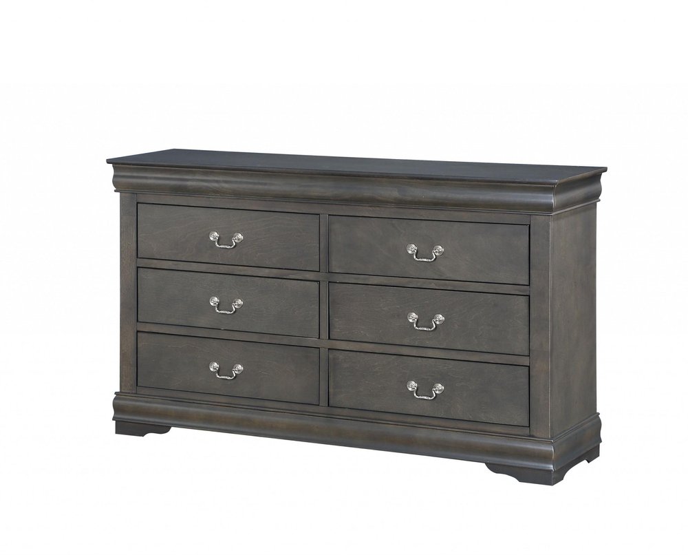 57" Gray Solid Wood Six Drawer Double Dresser