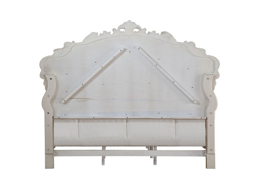 Antiqued White Wood And Tufted Silk Queen Bed Frame With Nailhead Trim