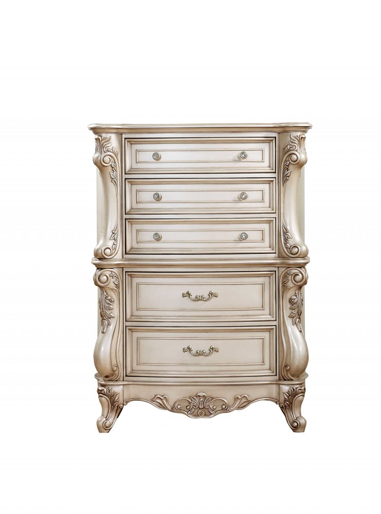21" Antiqued White Wood Five Drawer Dresser